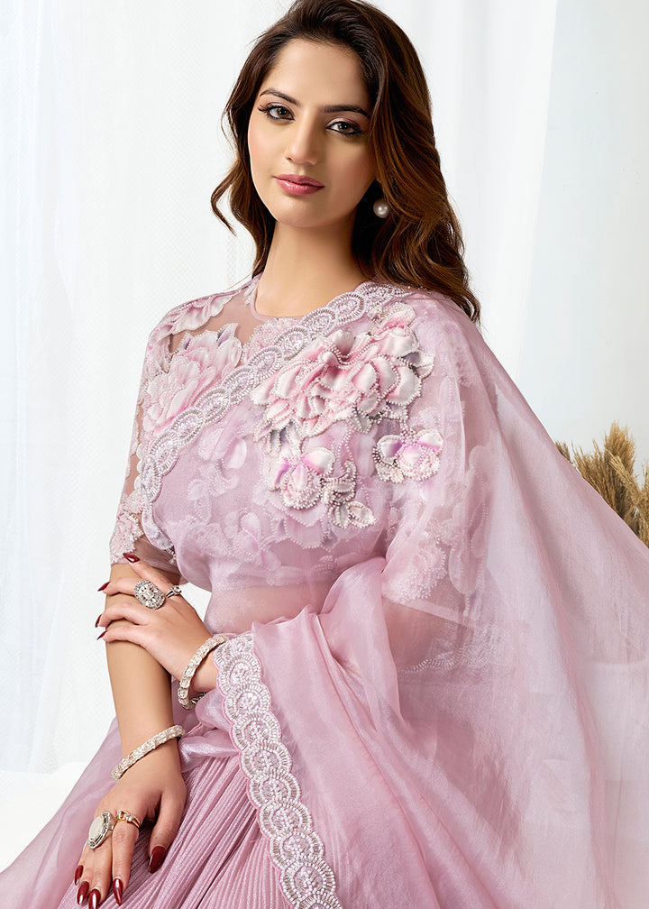 Buy Now Blush Pink Fancy Material Designer Party Wear Saree Online in US, UK, Canada, France, Germany, Denmark, Netherland, Sweden, UAE & Worldwide at Empress.