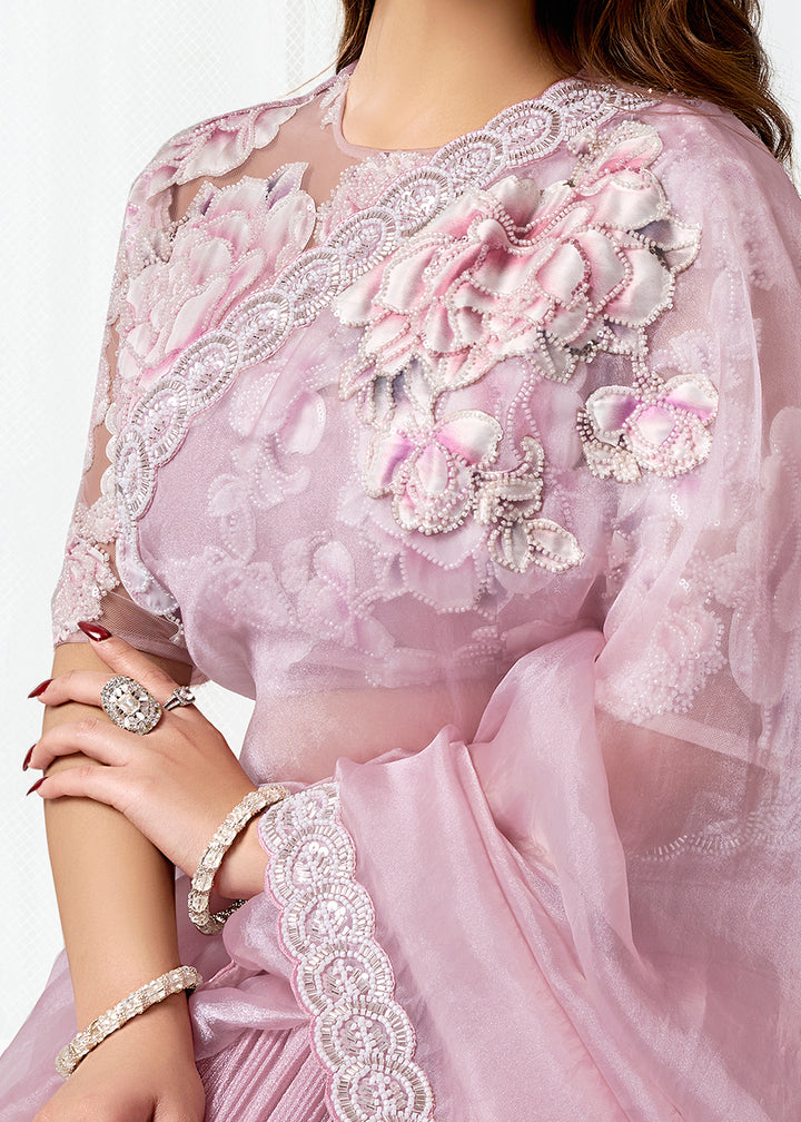 Buy Now Blush Pink Fancy Material Designer Party Wear Saree Online in US, UK, Canada, France, Germany, Denmark, Netherland, Sweden, UAE & Worldwide at Empress.