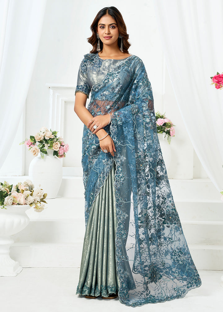 Buy Now Metal Grey Fancy Material Designer Party Wear Saree Online in US, UK, Canada, France, Germany, Denmark, Netherland, Sweden, UAE & Worldwide at Empress.