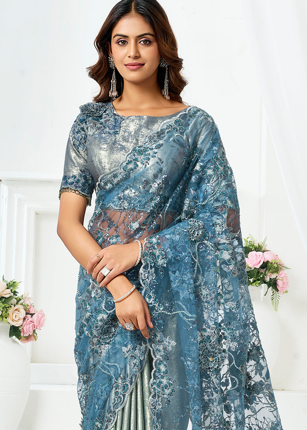 Buy Now Metal Grey Fancy Material Designer Party Wear Saree Online in US, UK, Canada, France, Germany, Denmark, Netherland, Sweden, UAE & Worldwide at Empress.