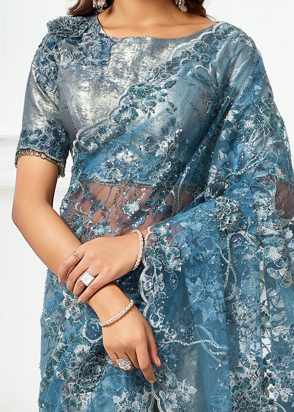 Buy Now Metal Grey Fancy Material Designer Party Wear Saree Online in US, UK, Canada, France, Germany, Denmark, Netherland, Sweden, UAE & Worldwide at Empress.
