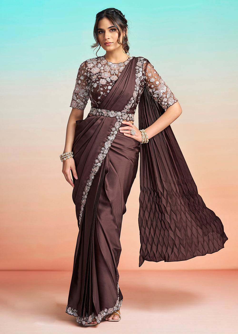 Buy Coffee Brown Wedding Party Ready to Wear Saree Online in US, UK, Canada, Spain, France, Germany, Italy, Austria, Ireland, Sweden, UAE & Worldwide at Empress.