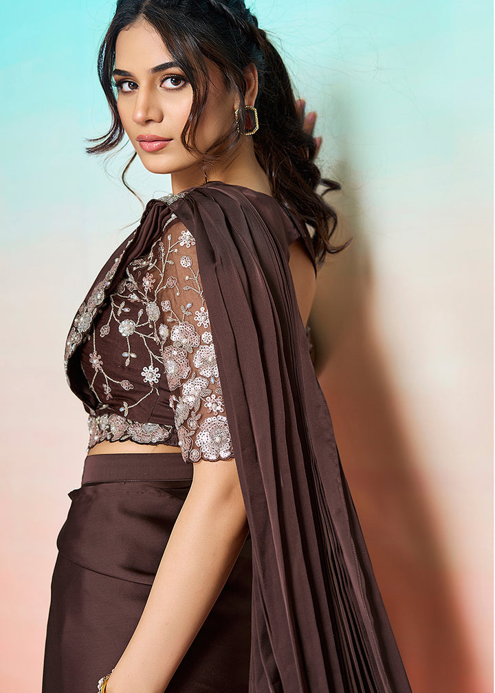 Buy Coffee Brown Wedding Party Ready to Wear Saree Online in US, UK, Canada, Spain, France, Germany, Italy, Austria, Ireland, Sweden, UAE & Worldwide at Empress.