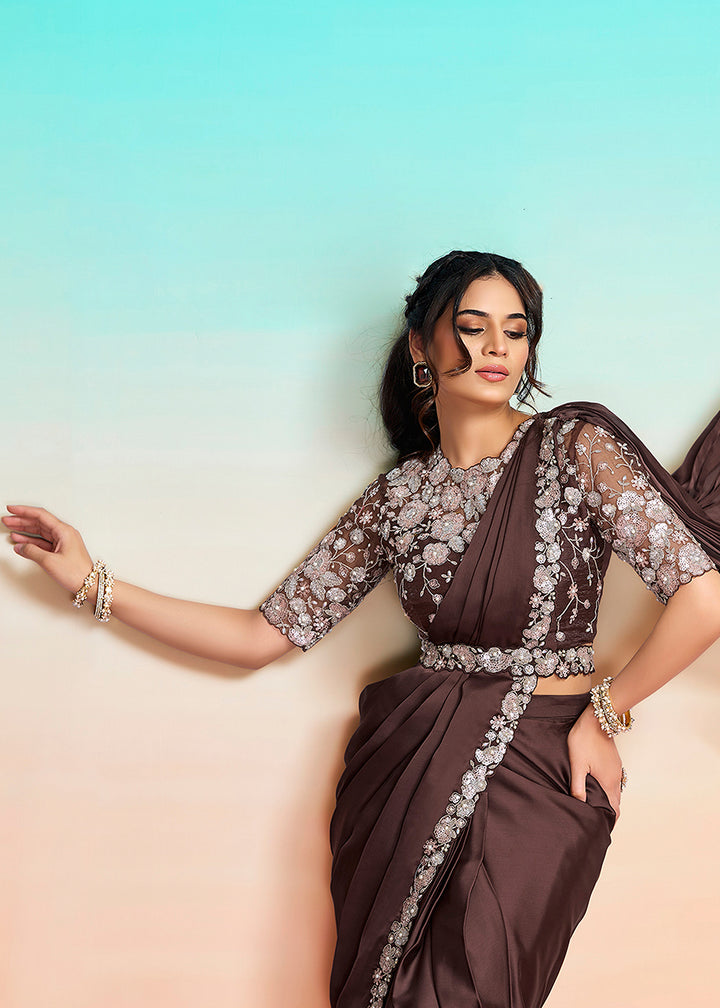 Buy Coffee Brown Wedding Party Ready to Wear Saree Online in US, UK, Canada, Spain, France, Germany, Italy, Austria, Ireland, Sweden, UAE & Worldwide at Empress.