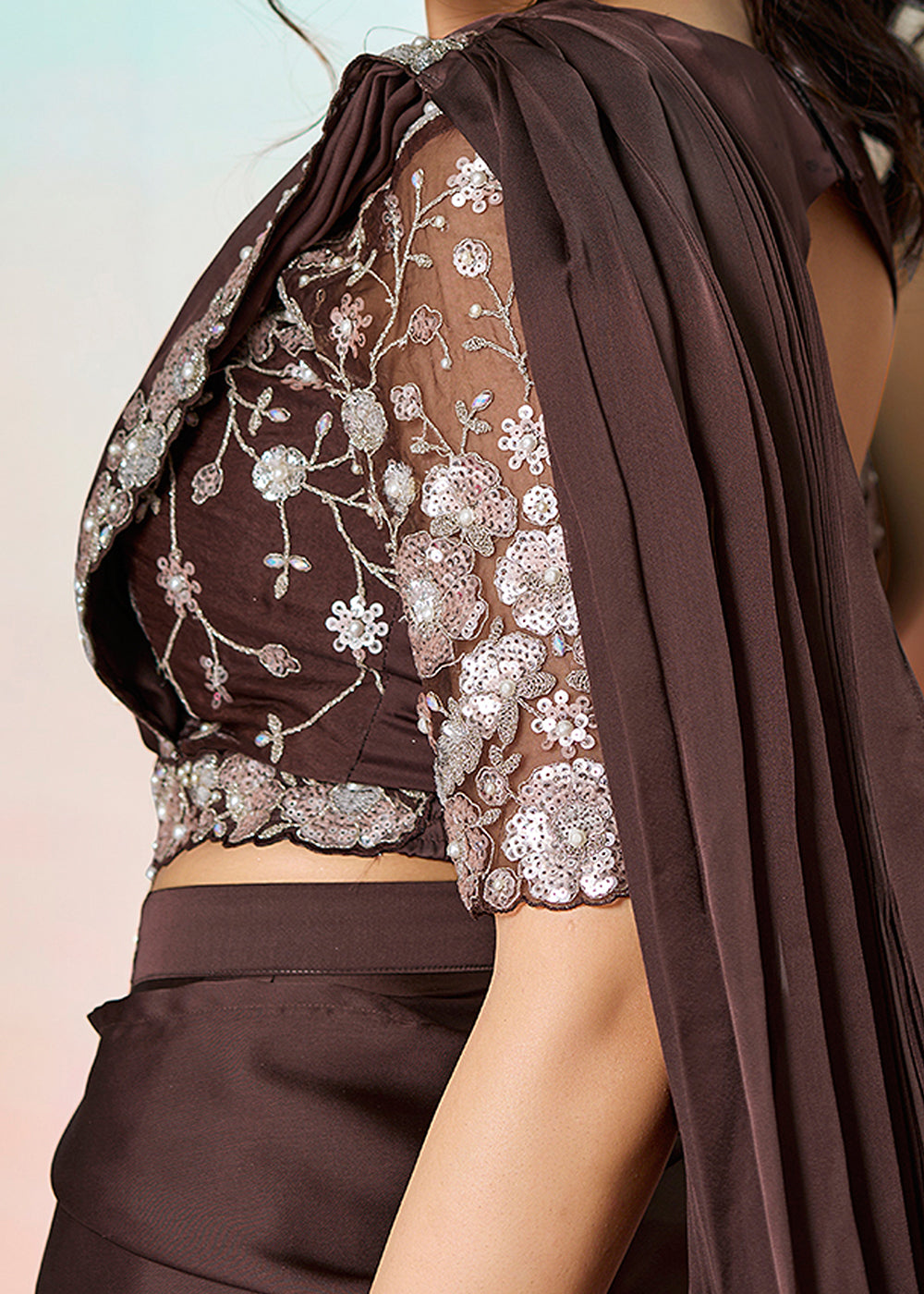 Buy Coffee Brown Wedding Party Ready to Wear Saree Online in US, UK, Canada, Spain, France, Germany, Italy, Austria, Ireland, Sweden, UAE & Worldwide at Empress.