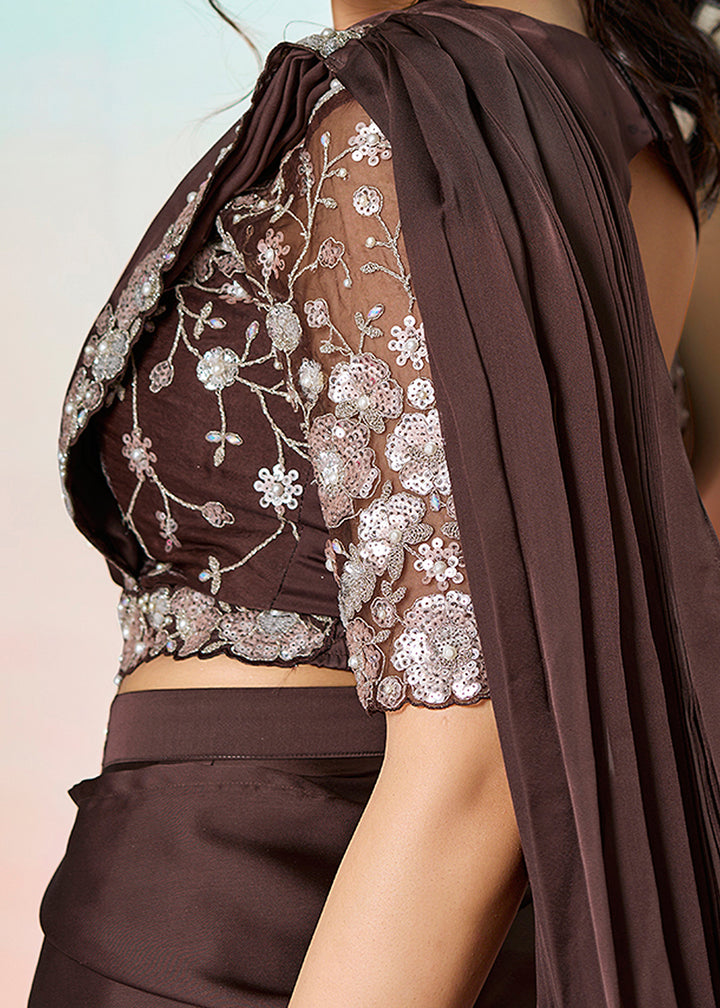 Buy Coffee Brown Wedding Party Ready to Wear Saree Online in US, UK, Canada, Spain, France, Germany, Italy, Austria, Ireland, Sweden, UAE & Worldwide at Empress.