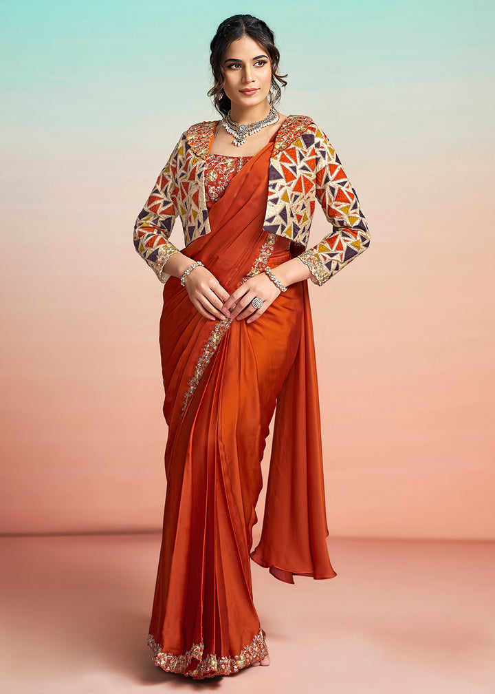 Buy Tangy Orange Wedding Party Ready to Wear Saree Online in US, UK, Canada, Spain, France, Germany, Italy, Austria, Ireland, Sweden, UAE & Worldwide at Empress