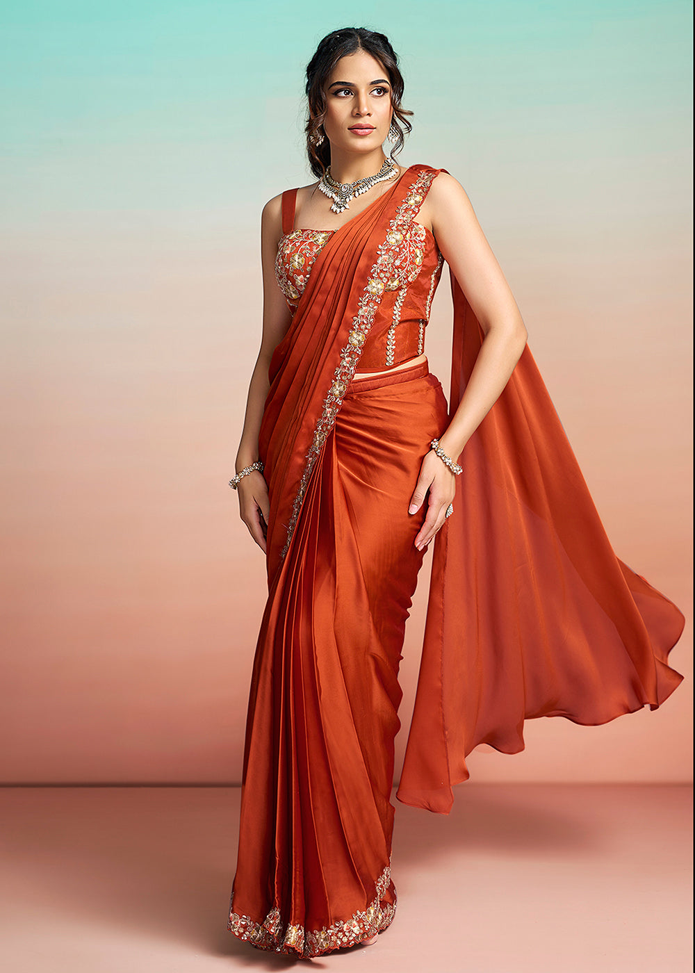 Buy Tangy Orange Wedding Party Ready to Wear Saree Online in US, UK, Canada, Spain, France, Germany, Italy, Austria, Ireland, Sweden, UAE & Worldwide at Empress