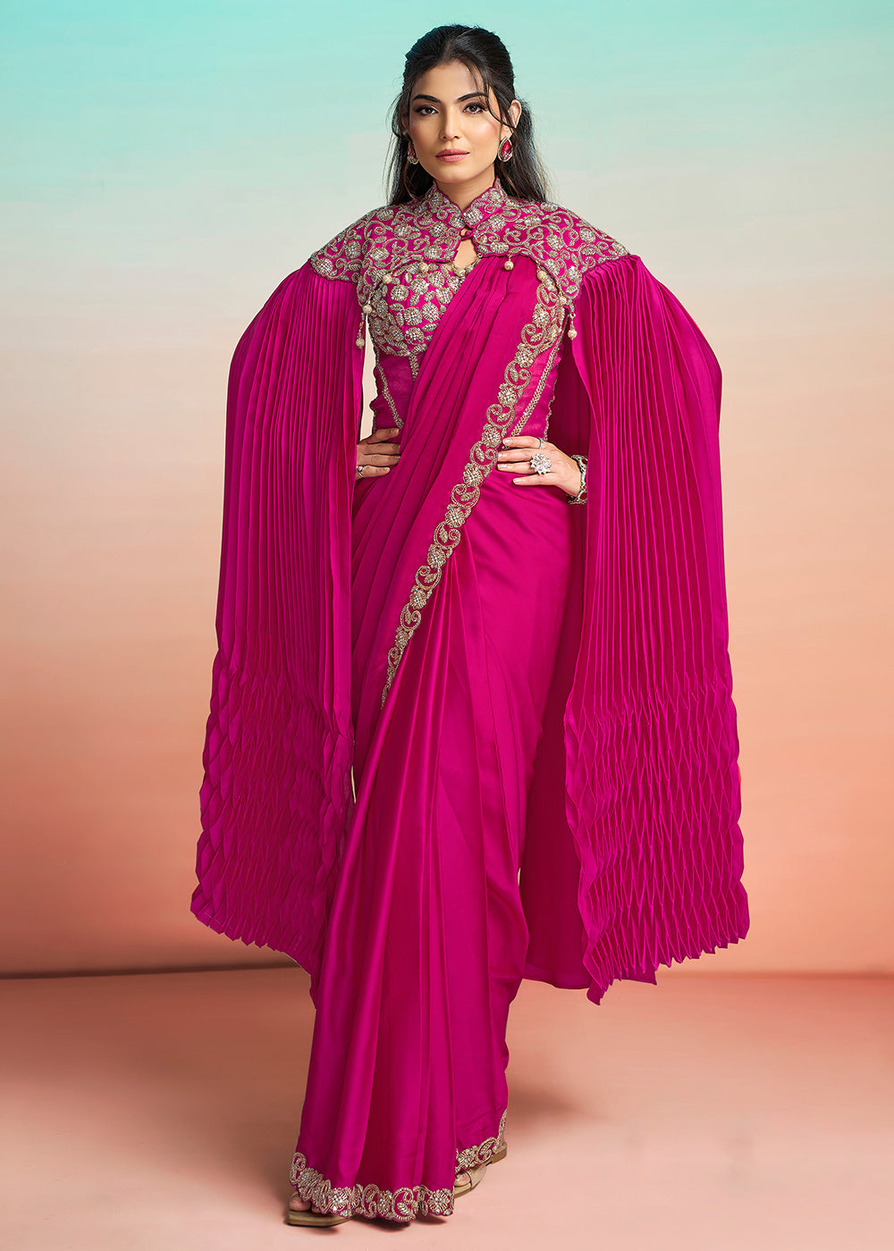 Buy Rani Pink Wedding Party Ready to Wear Saree Online in US, UK, Canada, Spain, France, Germany, Italy, Austria, Ireland, Sweden, UAE & Worldwide at Empress.