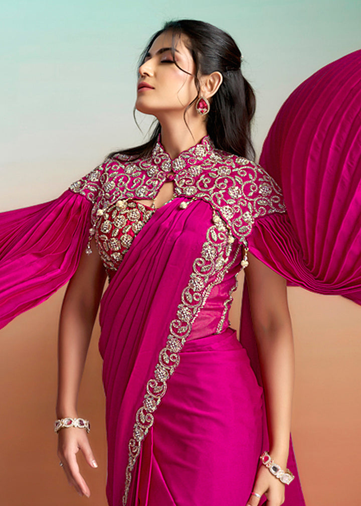 Buy Rani Pink Wedding Party Ready to Wear Saree Online in US, UK, Canada, Spain, France, Germany, Italy, Austria, Ireland, Sweden, UAE & Worldwide at Empress.