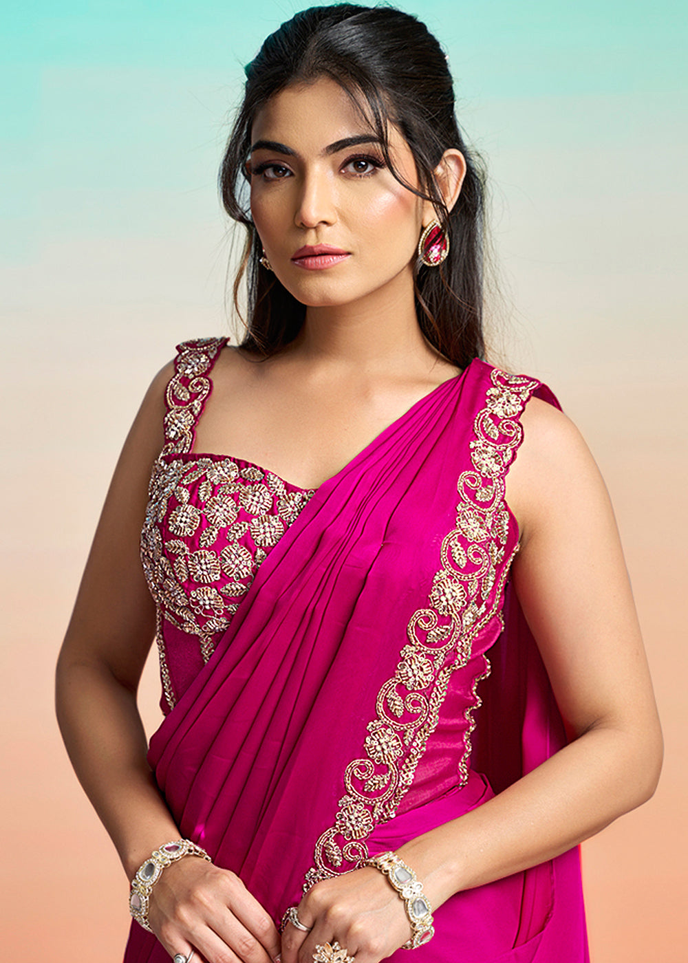 Buy Ready to Wear Saree in Canada, USA - Rani Pink Wedding Party Saree ...