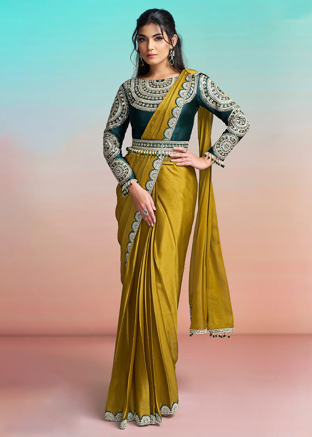 Buy Mustard Yellow Wedding Party Ready to Wear Saree Online in US, UK, Canada, Spain, France, Germany, Italy, Austria, Ireland, Sweden & Worldwide at Empress.