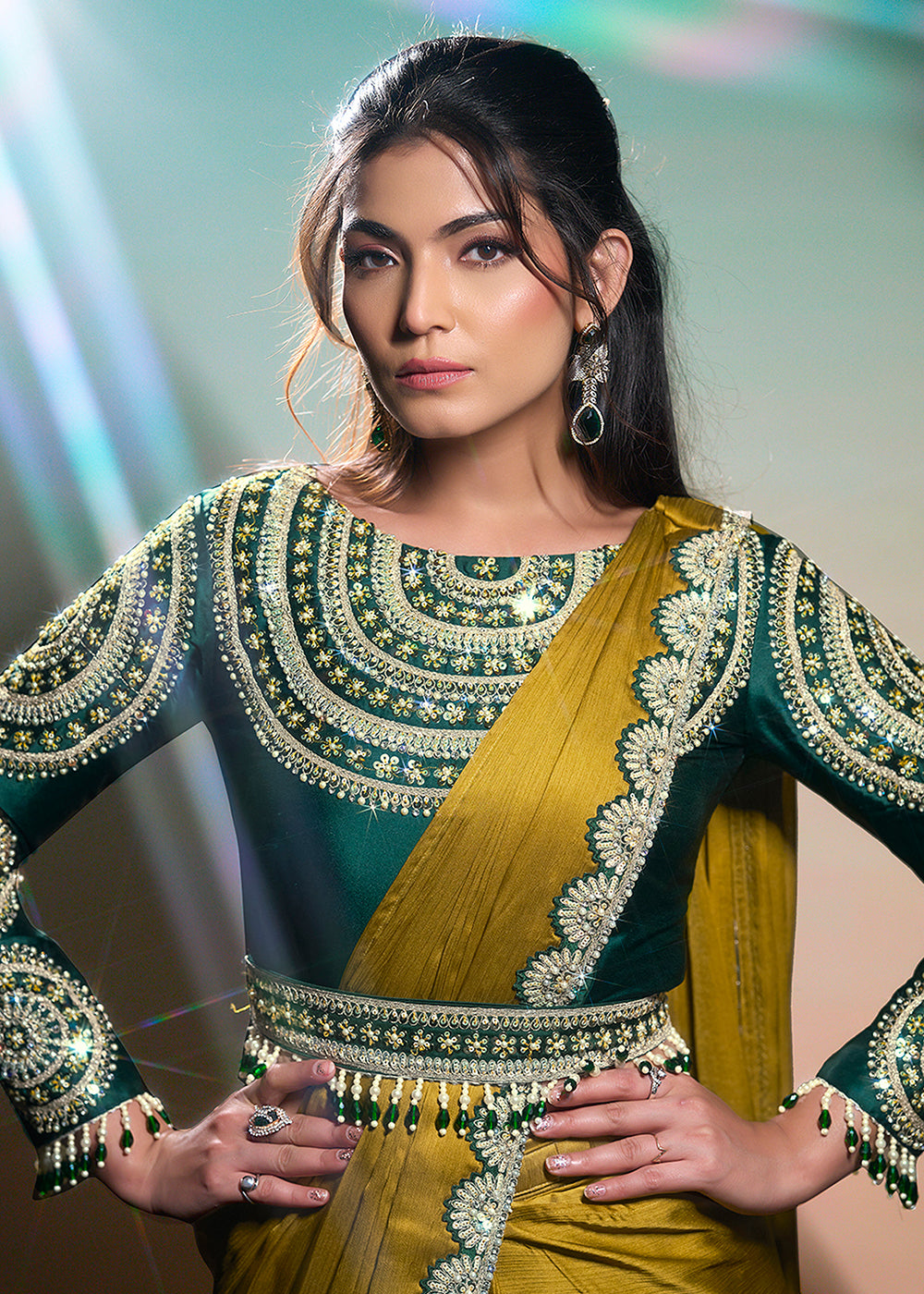 Buy Mustard Yellow Wedding Party Ready to Wear Saree Online in US, UK, Canada, Spain, France, Germany, Italy, Austria, Ireland, Sweden & Worldwide at Empress.