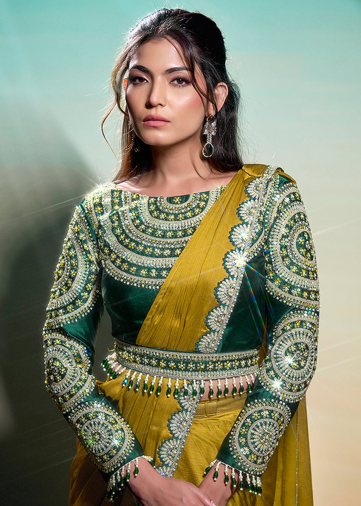 Buy Mustard Yellow Wedding Party Ready to Wear Saree Online in US, UK, Canada, Spain, France, Germany, Italy, Austria, Ireland, Sweden & Worldwide at Empress.