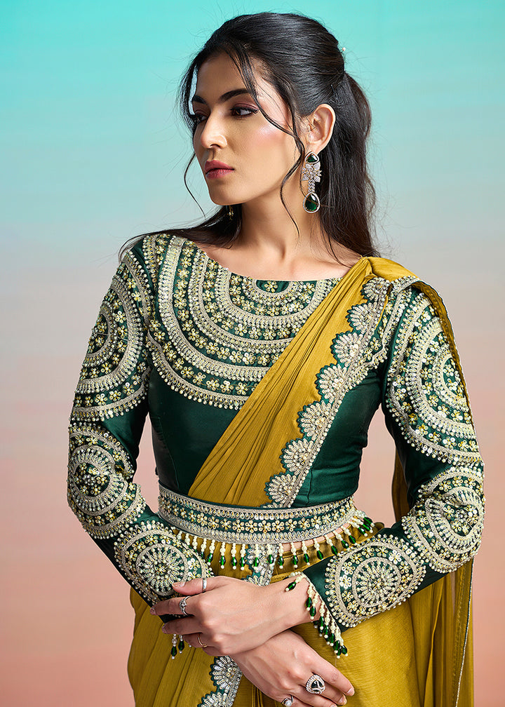 Buy Mustard Yellow Wedding Party Ready to Wear Saree Online in US, UK, Canada, Spain, France, Germany, Italy, Austria, Ireland, Sweden & Worldwide at Empress.