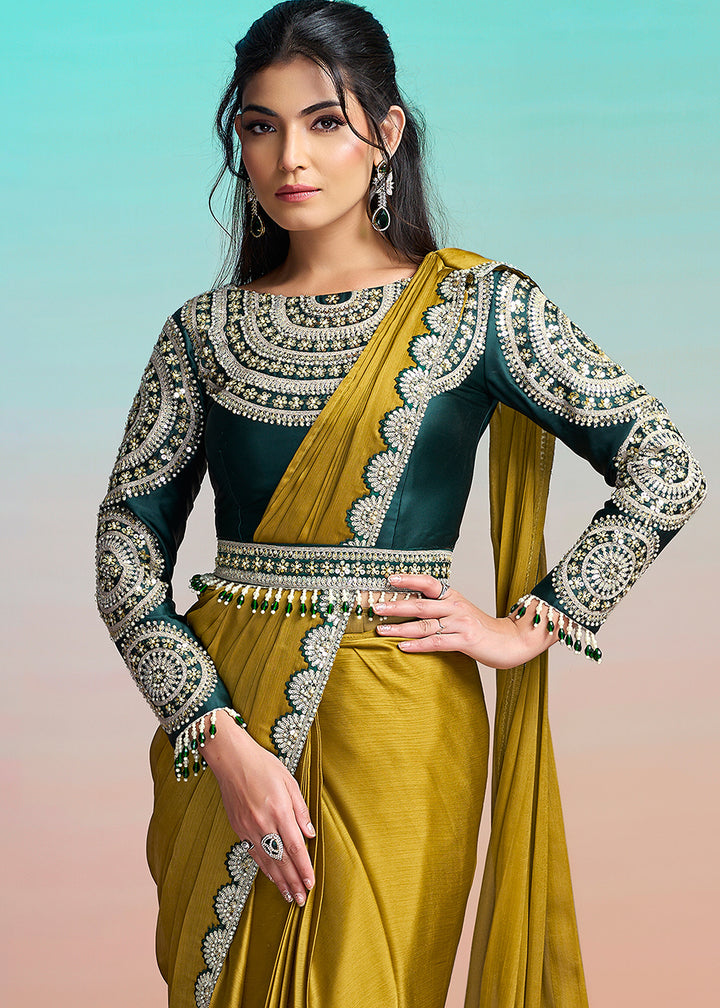 Buy Mustard Yellow Wedding Party Ready to Wear Saree Online in US, UK, Canada, Spain, France, Germany, Italy, Austria, Ireland, Sweden & Worldwide at Empress.