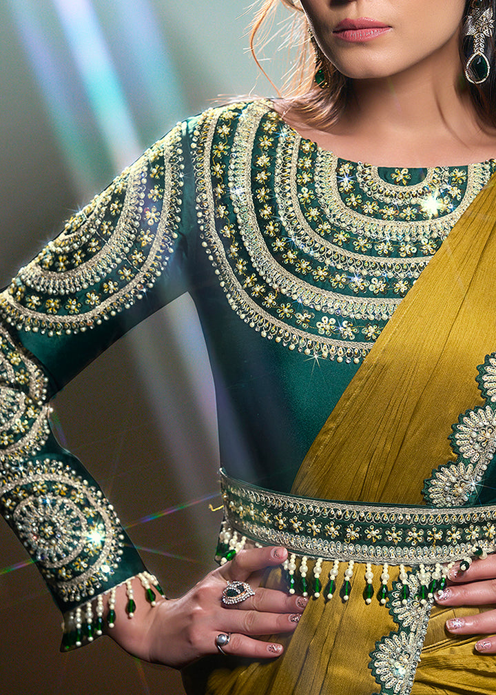 Buy Mustard Yellow Wedding Party Ready to Wear Saree Online in US, UK, Canada, Spain, France, Germany, Italy, Austria, Ireland, Sweden & Worldwide at Empress.