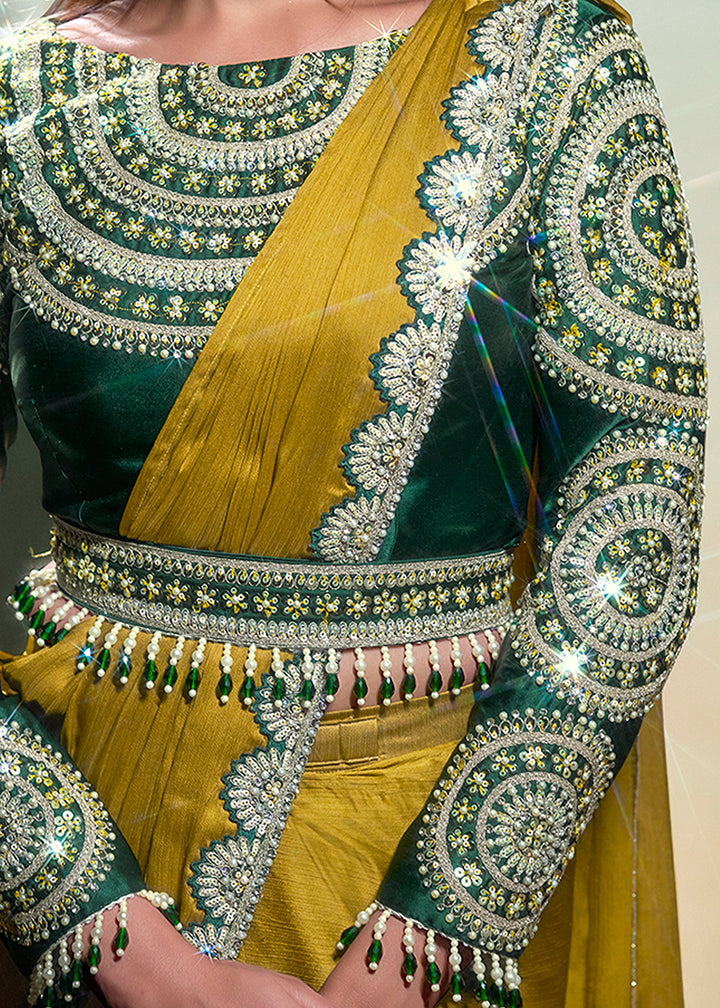 Buy Mustard Yellow Wedding Party Ready to Wear Saree Online in US, UK, Canada, Spain, France, Germany, Italy, Austria, Ireland, Sweden & Worldwide at Empress.