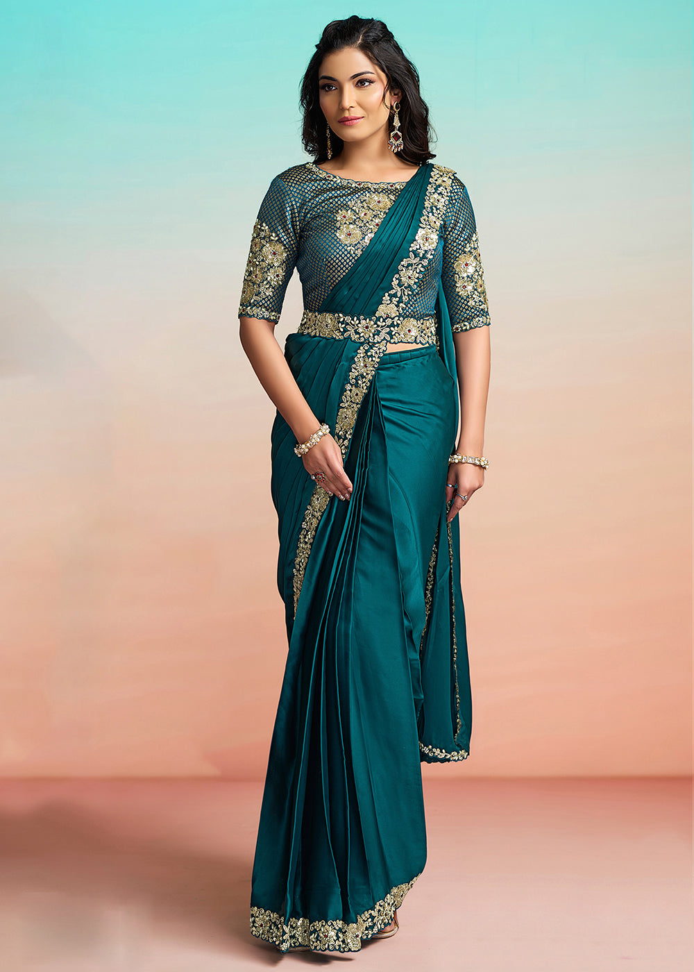 Buy Rama Green Wedding Party Ready to Wear Saree Online in US, UK, Canada, Spain, France, Germany, Italy, Austria, Ireland, Sweden, UAE & Worldwide at Empress.