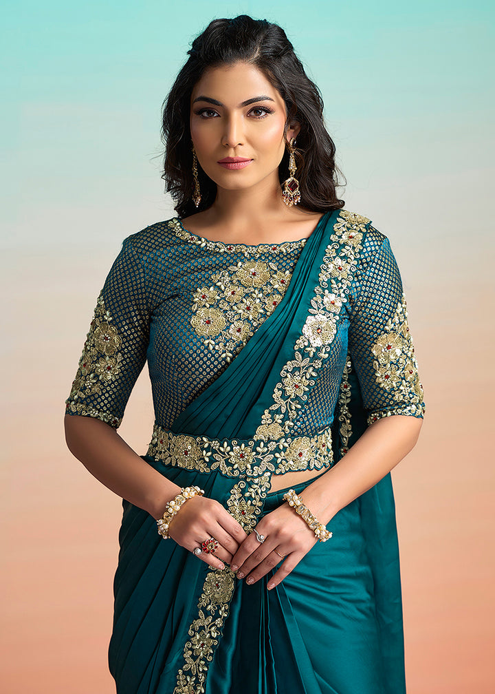 Buy Rama Green Wedding Party Ready to Wear Saree Online in US, UK, Canada, Spain, France, Germany, Italy, Austria, Ireland, Sweden, UAE & Worldwide at Empress.