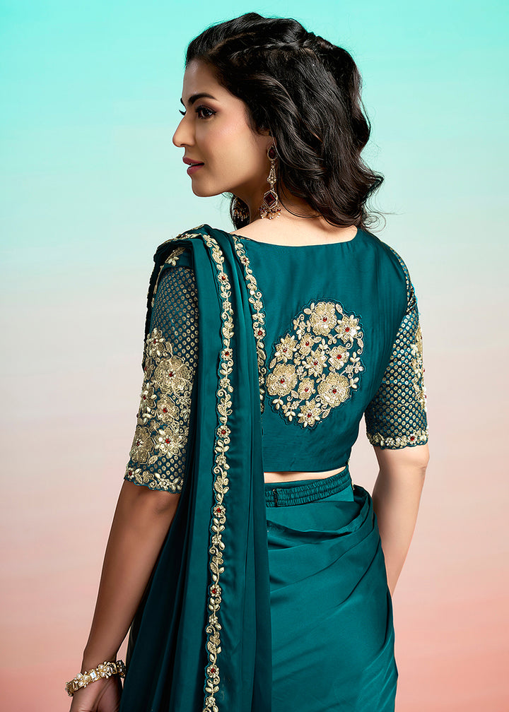 Buy Rama Green Wedding Party Ready to Wear Saree Online in US, UK, Canada, Spain, France, Germany, Italy, Austria, Ireland, Sweden, UAE & Worldwide at Empress.