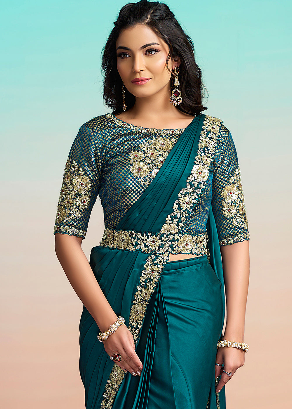Buy Rama Green Wedding Party Ready to Wear Saree Online in US, UK, Canada, Spain, France, Germany, Italy, Austria, Ireland, Sweden, UAE & Worldwide at Empress.