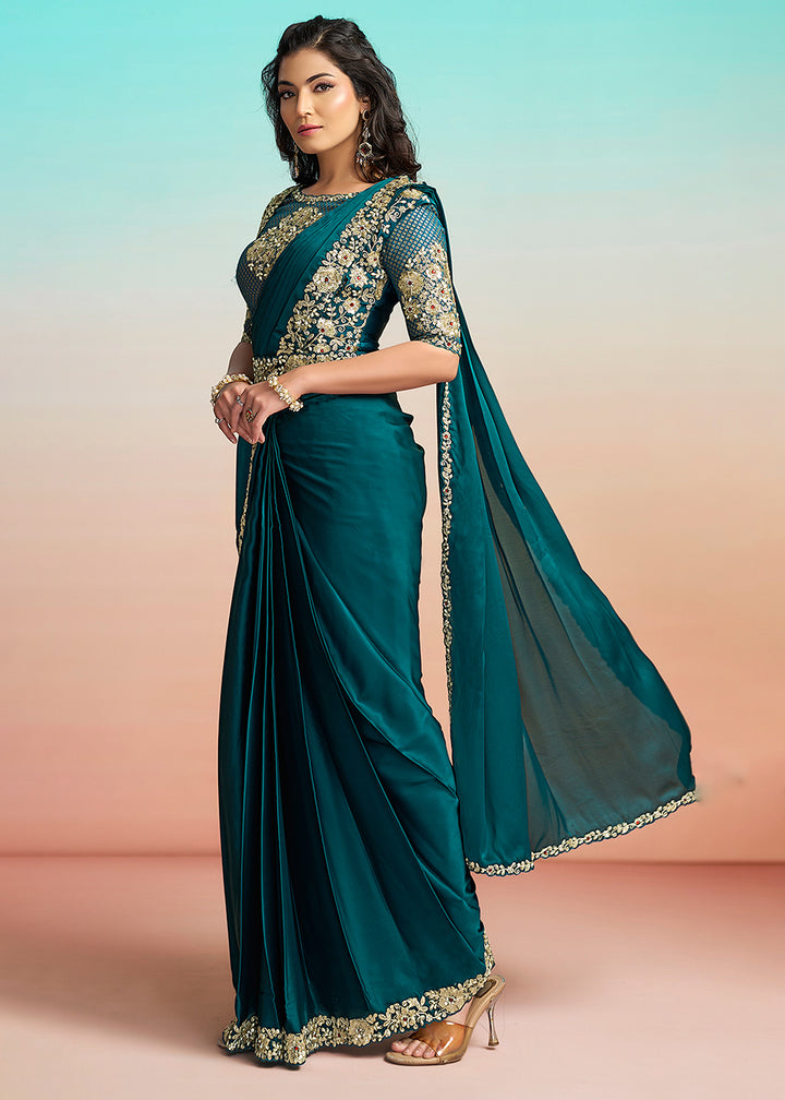 Buy Rama Green Wedding Party Ready to Wear Saree Online in US, UK, Canada, Spain, France, Germany, Italy, Austria, Ireland, Sweden, UAE & Worldwide at Empress.