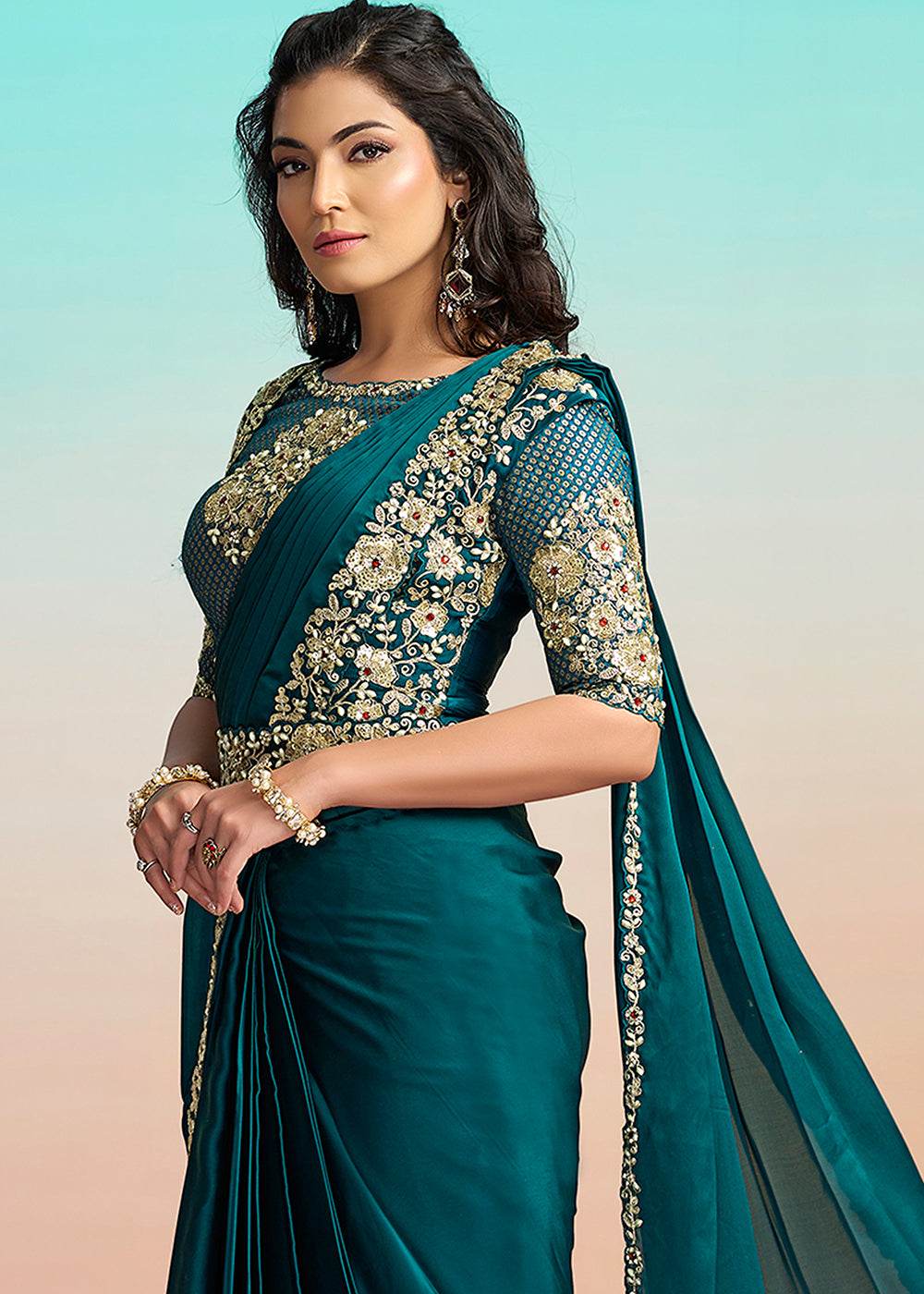 Buy Rama Green Wedding Party Ready to Wear Saree Online in US, UK, Canada, Spain, France, Germany, Italy, Austria, Ireland, Sweden, UAE & Worldwide at Empress.