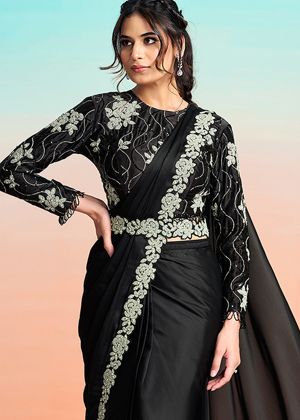 Buy Black Wedding Party Ready to Wear Saree Online in US, UK, Canada, Spain, France, Germany, Italy, Austria, Ireland, Sweden, UAE & Worldwide at Empress.