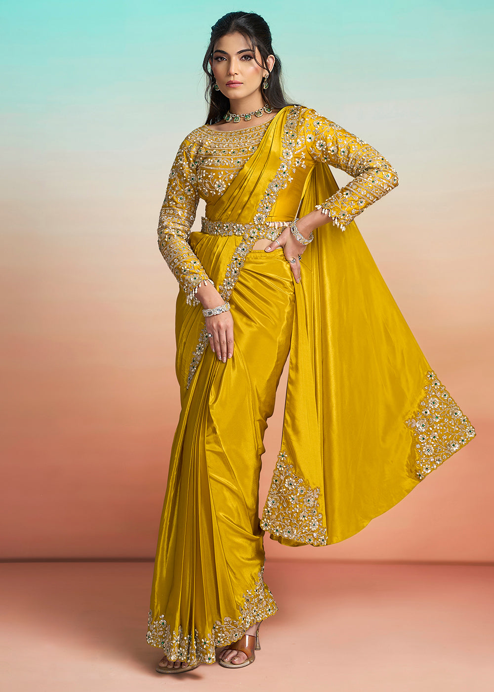 Buy Yellow Wedding Party Ready to Wear Saree Online in US, UK, Canada, Spain, France, Germany, Italy, Austria, Ireland, Sweden, UAE & Worldwide at Empress.
