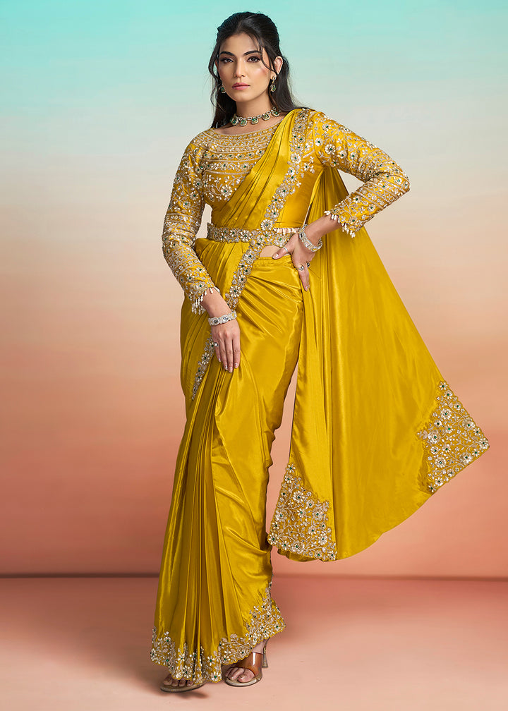 Buy Yellow Wedding Party Ready to Wear Saree Online in US, UK, Canada, Spain, France, Germany, Italy, Austria, Ireland, Sweden, UAE & Worldwide at Empress.