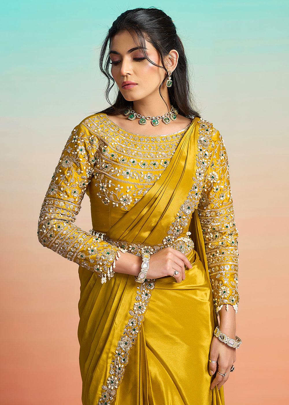 Buy Yellow Wedding Party Ready to Wear Saree Online in US, UK, Canada, Spain, France, Germany, Italy, Austria, Ireland, Sweden, UAE & Worldwide at Empress.