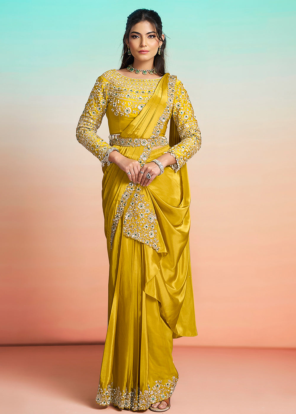 Buy Yellow Wedding Party Ready to Wear Saree Online in US, UK, Canada, Spain, France, Germany, Italy, Austria, Ireland, Sweden, UAE & Worldwide at Empress.