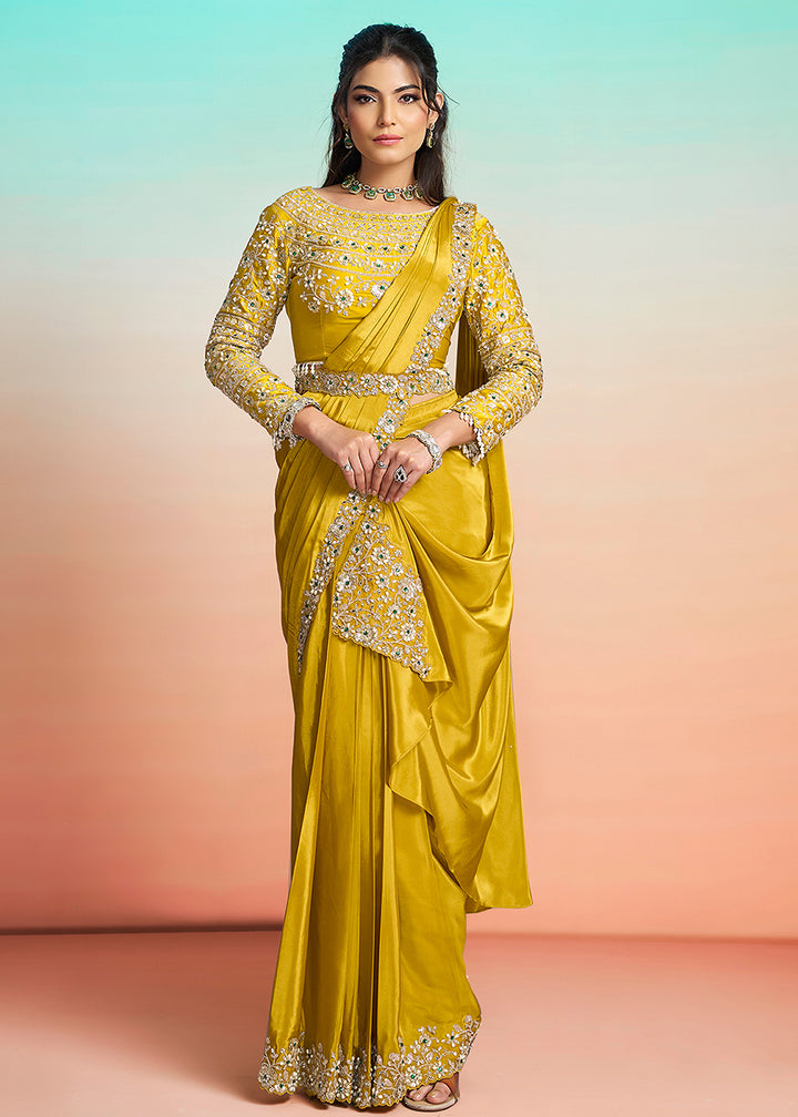 Buy Yellow Wedding Party Ready to Wear Saree Online in US, UK, Canada, Spain, France, Germany, Italy, Austria, Ireland, Sweden, UAE & Worldwide at Empress.