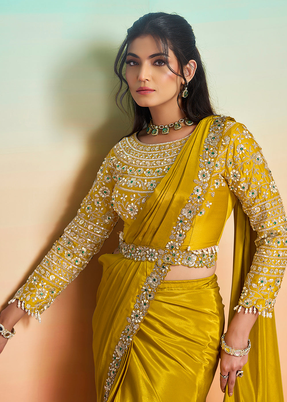 Buy Yellow Wedding Party Ready to Wear Saree Online in US, UK, Canada, Spain, France, Germany, Italy, Austria, Ireland, Sweden, UAE & Worldwide at Empress.
