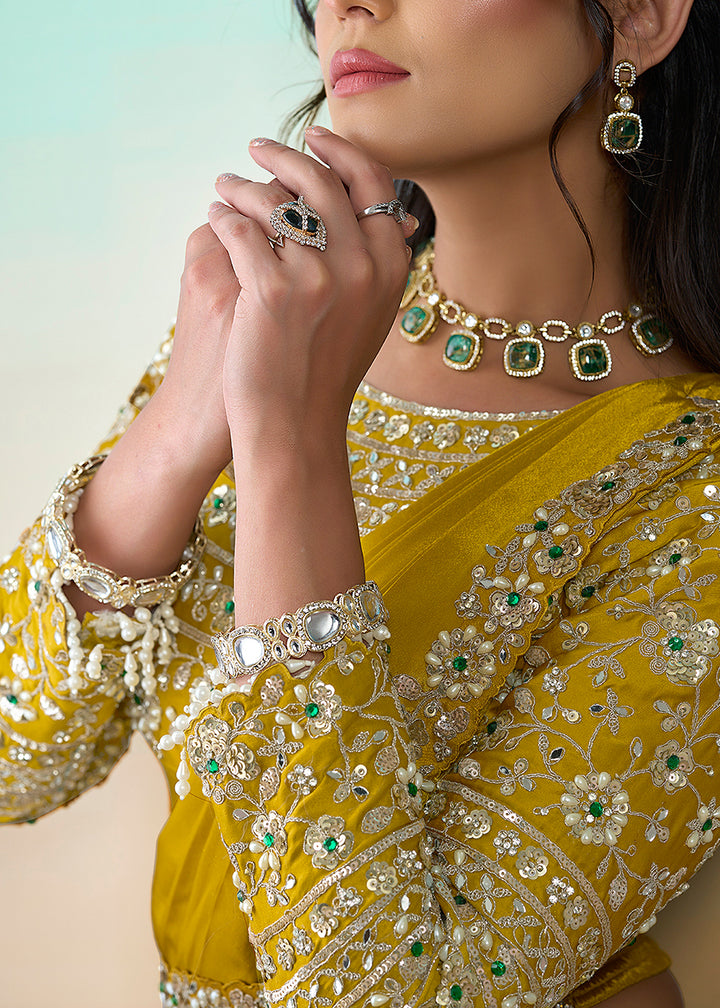 Buy Yellow Wedding Party Ready to Wear Saree Online in US, UK, Canada, Spain, France, Germany, Italy, Austria, Ireland, Sweden, UAE & Worldwide at Empress.