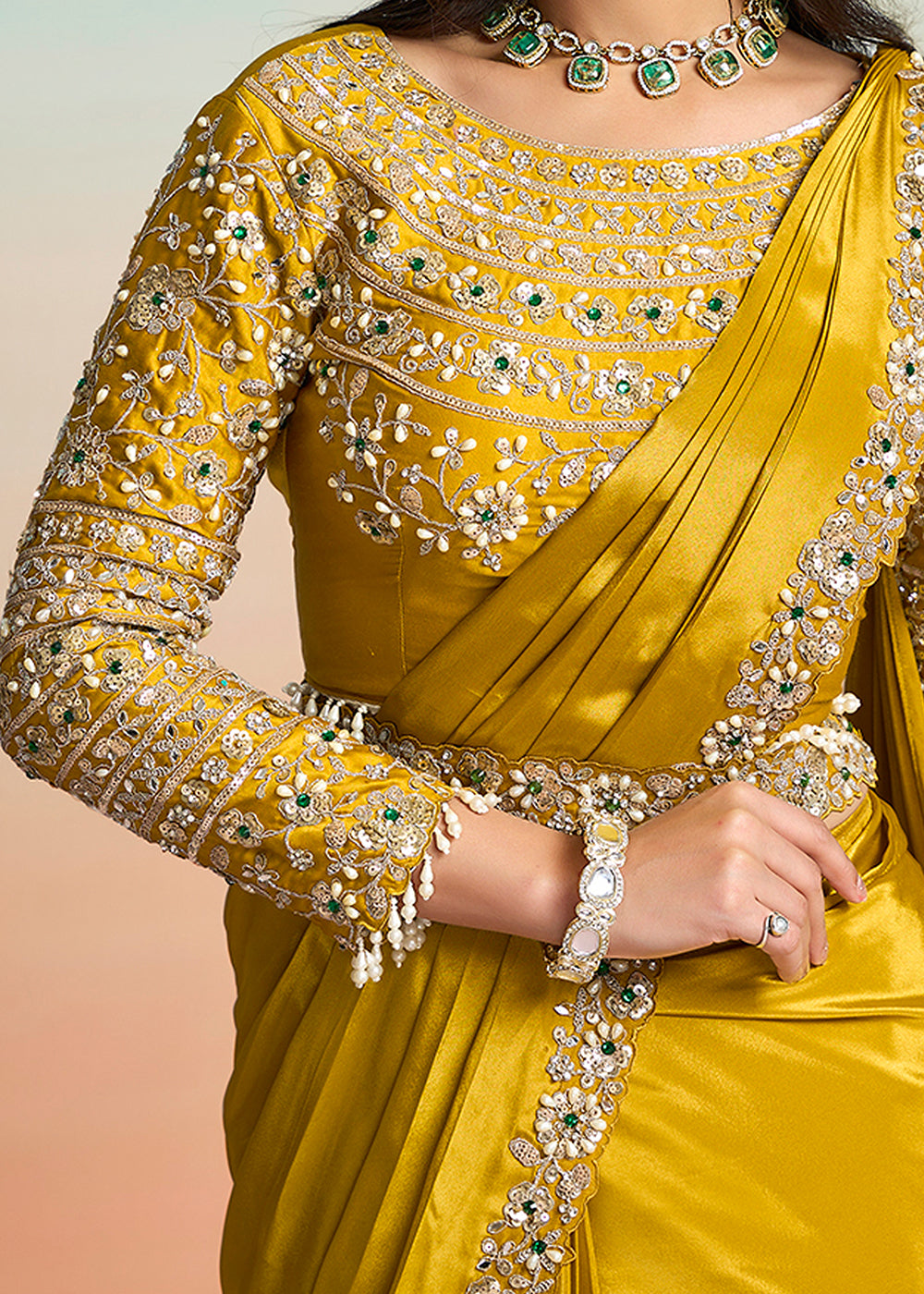 Buy Yellow Wedding Party Ready to Wear Saree Online in US, UK, Canada, Spain, France, Germany, Italy, Austria, Ireland, Sweden, UAE & Worldwide at Empress.