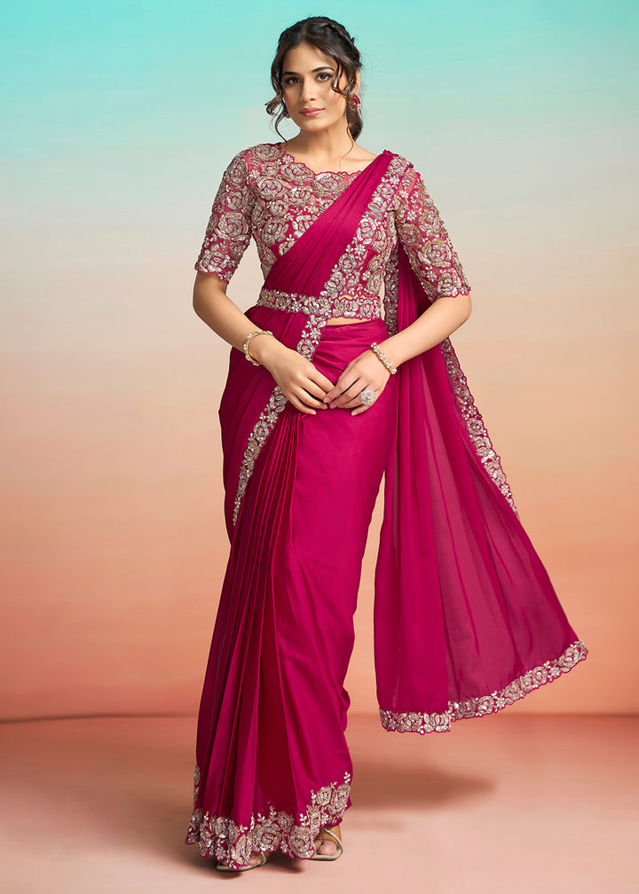 Buy Hot Pink Wedding Party Ready to Wear Saree Online in US, UK, Canada, Spain, France, Germany, Italy, Austria, Ireland, Sweden, UAE & Worldwide at Empress.