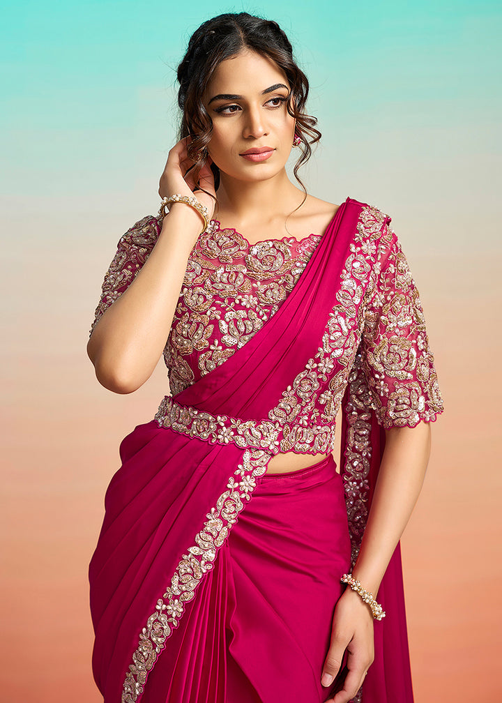 Buy Hot Pink Wedding Party Ready to Wear Saree Online in US, UK, Canada, Spain, France, Germany, Italy, Austria, Ireland, Sweden, UAE & Worldwide at Empress.