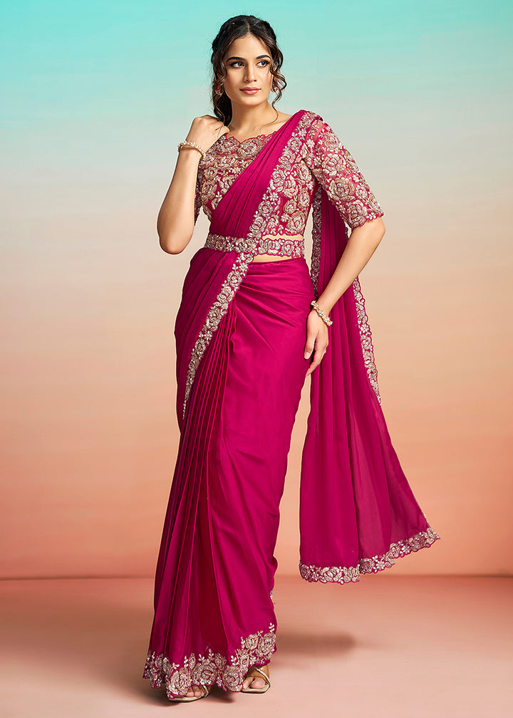 Buy Hot Pink Wedding Party Ready to Wear Saree Online in US, UK, Canada, Spain, France, Germany, Italy, Austria, Ireland, Sweden, UAE & Worldwide at Empress.
