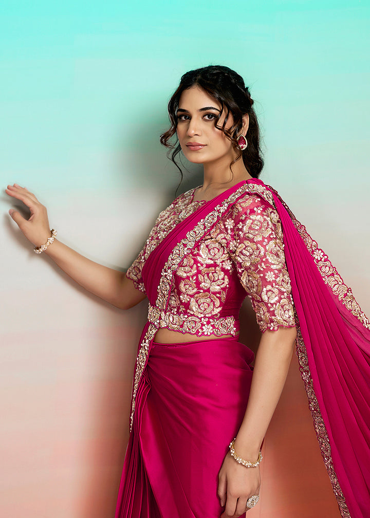 Buy Hot Pink Wedding Party Ready to Wear Saree Online in US, UK, Canada, Spain, France, Germany, Italy, Austria, Ireland, Sweden, UAE & Worldwide at Empress.