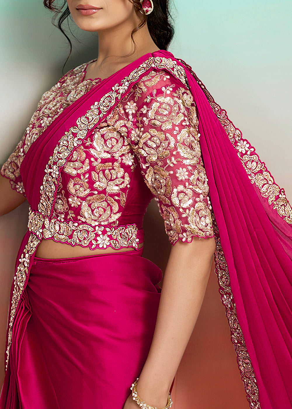 Buy Hot Pink Wedding Party Ready to Wear Saree Online in US, UK, Canada, Spain, France, Germany, Italy, Austria, Ireland, Sweden, UAE & Worldwide at Empress.