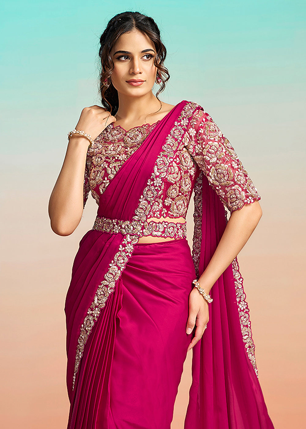 Buy Hot Pink Wedding Party Ready to Wear Saree Online in US, UK, Canada, Spain, France, Germany, Italy, Austria, Ireland, Sweden, UAE & Worldwide at Empress.