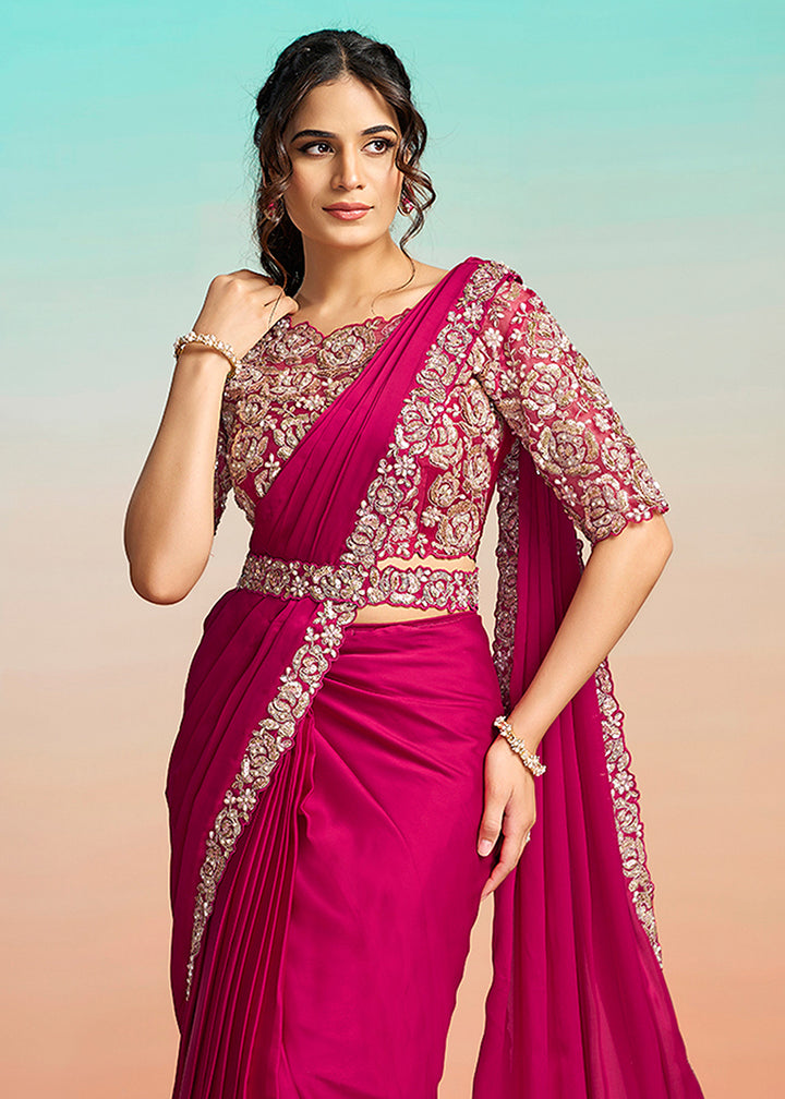 Buy Hot Pink Wedding Party Ready to Wear Saree Online in US, UK, Canada, Spain, France, Germany, Italy, Austria, Ireland, Sweden, UAE & Worldwide at Empress.