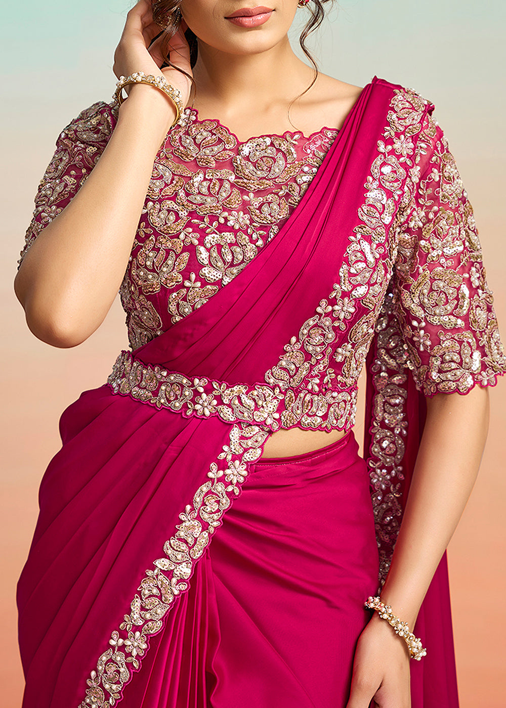 Buy Hot Pink Wedding Party Ready to Wear Saree Online in US, UK, Canada, Spain, France, Germany, Italy, Austria, Ireland, Sweden, UAE & Worldwide at Empress.