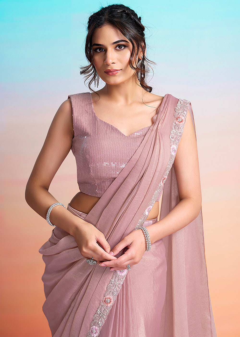 Buy Peach Wedding Party Ready to Wear Saree Online in US, UK, Canada, Spain, France, Germany, Italy, Austria, Ireland, Sweden, UAE & Worldwide at Empress.
