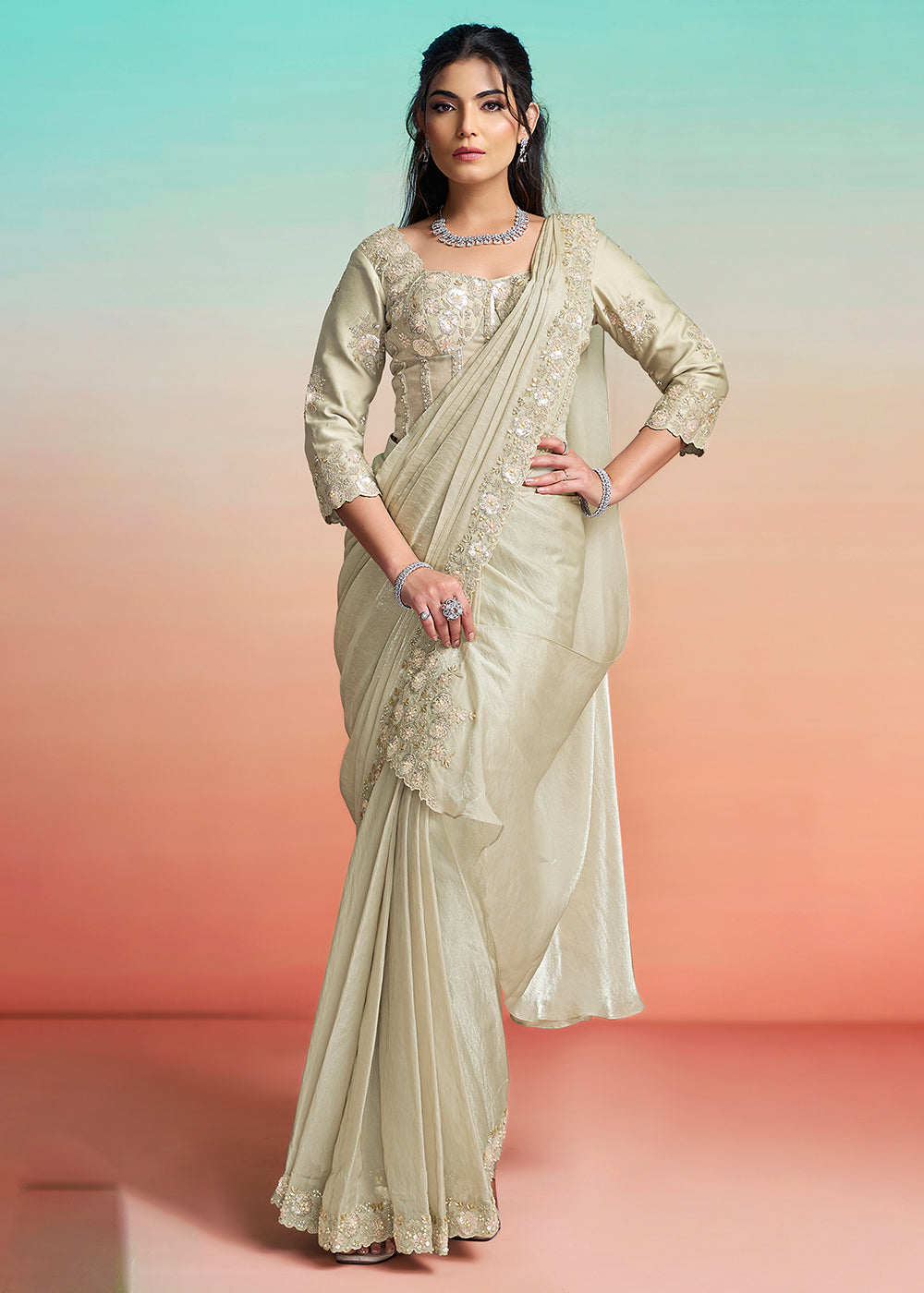 Buy Pearl Grey Wedding Party Ready to Wear Saree Online in US, UK, Canada, Spain, France, Germany, Italy, Austria, Ireland, Sweden, UAE & Worldwide at Empress.