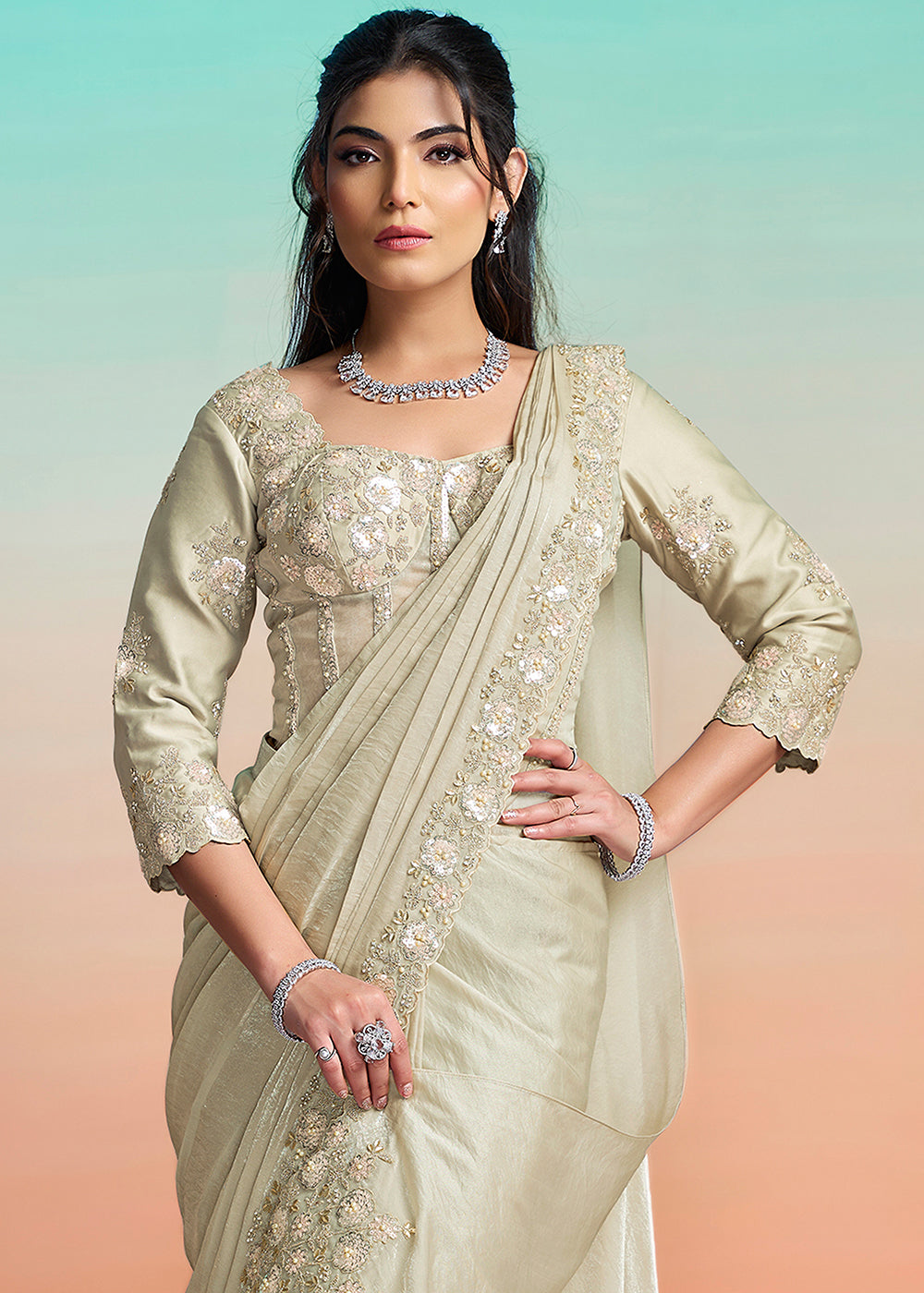 Buy Pearl Grey Wedding Party Ready to Wear Saree Online in US, UK, Canada, Spain, France, Germany, Italy, Austria, Ireland, Sweden, UAE & Worldwide at Empress.