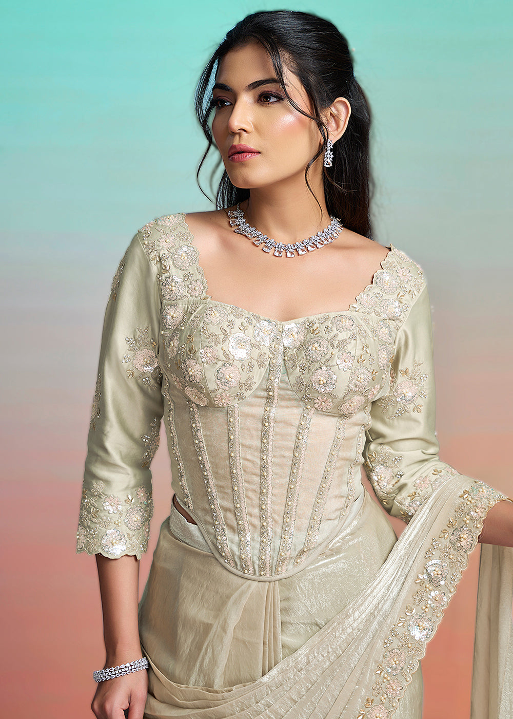 Buy Pearl Grey Wedding Party Ready to Wear Saree Online in US, UK, Canada, Spain, France, Germany, Italy, Austria, Ireland, Sweden, UAE & Worldwide at Empress.