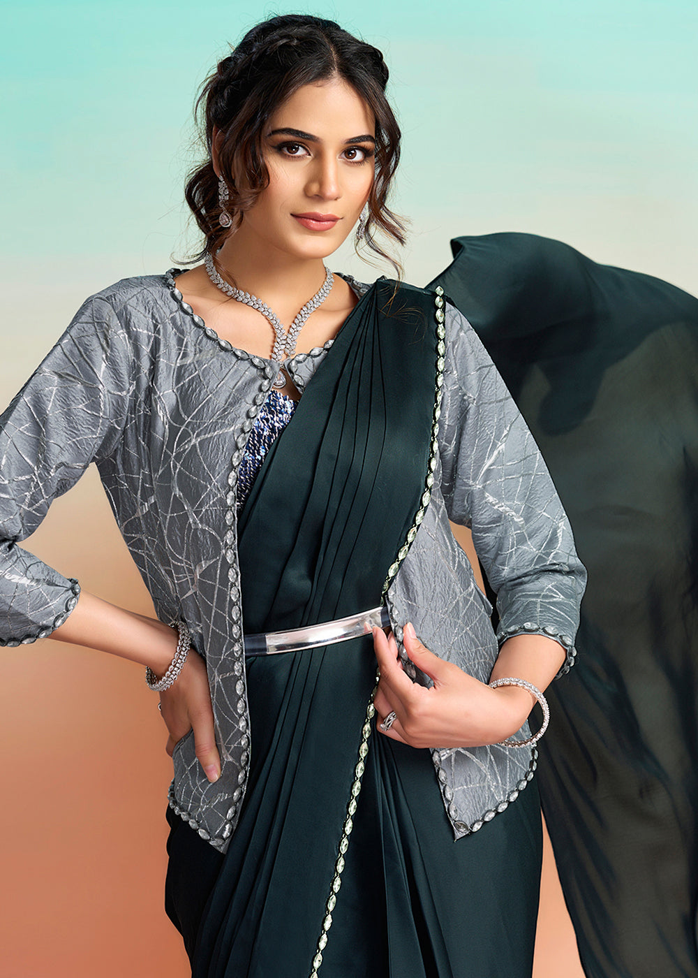 Buy Navy Blue Wedding Party Ready to Wear Saree Online in US, UK, Canada, Spain, France, Germany, Italy, Austria, Ireland, Sweden, UAE & Worldwide at Empress.